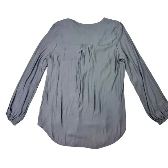 Pleione Ruffled Tied Tunic Blouse Gray Women’s Small Regency Shirttail Hem - Picture 2 of 16